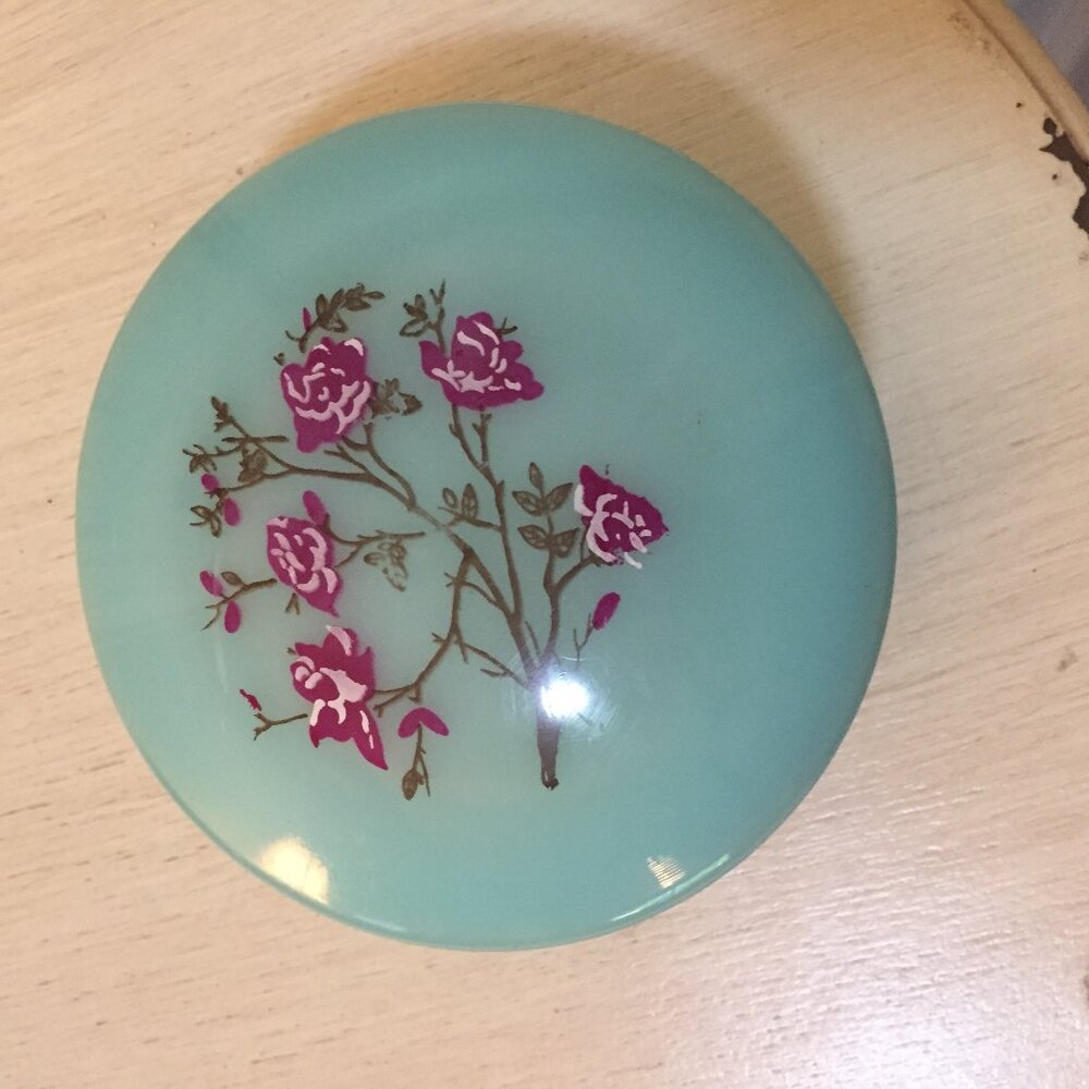 VINTAGE HONG KONG BLUE HINGED TRINKET BOX FLOWER DESIGN 4" x 2"
